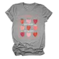 Detailed view of the cute strawberry print and letter graphic on the comfortable gray fabric. - S / Tops / Dark Gray