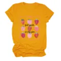 Mustard yellow women casual short sleeve t-shirt with cute strawberry letter print design. - S / Tops / Mustard Yellow (Black Graphic)