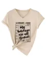 Beige dames V-hals korte mouw t-shirt met vintage bibliotheekkaart grafische print. - S / Tops / Zandkleur