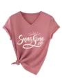 T-shirt femme décontracté à col V et manches courtes avec imprimé sunshine et joli nœud. - Or Rose (Police Blanche)