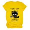Casual yellow women short sleeve t-shirt with funny grumpy cat coffee graphic print top. - S / Tops / Yellow (Black Text)