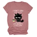 Close up of casual women short sleeve t-shirt with funny grumpy cat coffee graphic print. - S / Tops / Rose Gold (White Text)