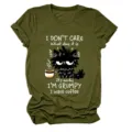 Close-up detail of the funny grumpy cat print and slogan on the casual green fabric. - S / Tops / Wine Red (White Text)