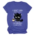 Women casual funny cat print short sleeve t-shirt, comfortable round neck soft cotton blend top. - S / Tops / Retro Blue (White Text)