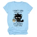 Casual women light blue short sleeve t-shirt funny grumpy cat graphic crewneck top apparel - S / Tops / Light Blue (Black Text)