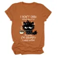 Casual funny women's crew neck short sleeve t-shirt featuring cute black cat graphic print top. - S / Tops / Burnt Orange (White Text)