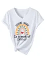 T-shirt femme travailleur social col V manches courtes avec joli graphique arc-en-ciel et nœud. - S / Hauts / Blanc