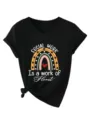 T-shirt décontracté noir à col V et manches courtes pour femmes avec imprimé arc-en-ciel - Noir