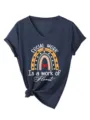 Femme Col V T-Shirt Manches Courtes Travail Social Arc-en-Ciel Imprimé Haut Décontracté - Bleu Marine