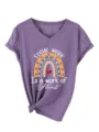 Femme violet col V manches courtes T-shirt decontracte travail social graphique haut - Violet