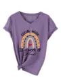 T-shirt violet à col V et manches courtes avec imprimé graphique cœur arc-en-ciel - Violet(3812)