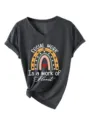 T-shirt graphique à col en V et manches courtes gris foncé avec motif arc-en-ciel social. - Gris Chiné(3812)