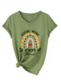 Femme Vert Col V Manches Courtes T-Shirt Casual Travail Social Arc-en-Ciel Coeur Haut - Vert olive