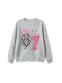 Detail view of grey kids birthday sweatshirt featuring number 6 and 7 print design. - 110cm / Tops / Light Gray