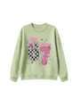 Kids green sweatshirt detail showing the cute pink bow and 67 birthday graphic print. - 110cm / Tops / Olive Green