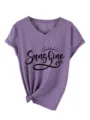 T-shirt violet décontracté à col en V et manches courtes avec imprimé sunshine et nœud. - Violet (Police Noire)