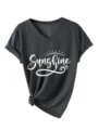 T-shirt femme décontracté gris foncé col V manches courtes avec imprimé sunshine et nœud. - Gris Chiné Foncé (Police Blanche)