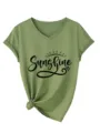 T-shirt femme décontracté vert à col V et manches courtes avec imprimé Sunshine et nœud. - Vert Olive(3812)