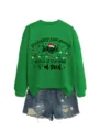 Women's green Christmas graphic sweatshirt paired with denim shorts, casual holiday pullover top. - S / Black Graphic Style (Top) / Grass Green
