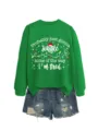 Christmas graphic sweatshirt paired with denim shorts, casual green long sleeve top for women. - S / White Graphic Style (Top) / Grass Green