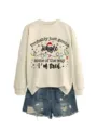 Christmas themed crewneck sweatshirt and denim shorts set with funny quote print for women autumn. - S / Tops / Sand