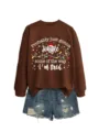 Women's brown crewneck long sleeve Christmas graphic sweatshirt and denim shorts set - S / White Text Color Graphic (Top) / Coffee