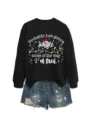 Women's Christmas graphic sweatshirt and denim shorts set casual holiday outfit winter - S / White Text Color Graphic (Top) / Black