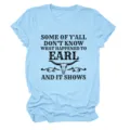 Close up detail of light blue short sleeve t-shirt with funny text quote and skull graphic. - S / Tops / Light Blue
