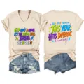 Women V-neck short sleeve t-shirt casual top with funny school year graphic print 2026 - S / Tops / Sand
