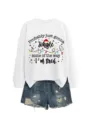 Close-up details of the white long-sleeve Christmas graphic sweatshirt paired with shorts. - S / Black Graphic Style (Top) / White