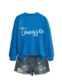 Sweatshirt à manches longues bleu avec imprimé Tennessee et short en denim destroy tendance. - S / Hauts / Bleu Lac (Police Blanche)