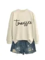 Sweat-shirt à manches longues imprimé lettres pour femmes avec short en denim de mode. - S / Hauts / Sable
