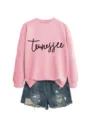 Sweat-shirt ras du cou rose pour femme avec imprimé lettre Tennessee tendance et short en jean. - S / Hauts / Rose (Texte Noir)
