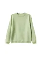 Close-up of kids light green crewneck sweatshirt, featuring ribbed cuffs and hem, plain style. - 120cm / Tops / Olive Green