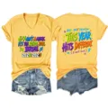 Women casual V-neck short sleeve t-shirt with funny school year print yellow top - S / Tops / Yellow