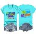 Casual turquoise V-neck women short sleeve t-shirt featuring fun school year graphic prints details. - S / Tops / Deep Water Blue