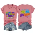 Women casual V-neck short sleeve T-shirt with funny school year graphic print and denim shorts. - S / Tops / Rose Gold
