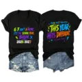 Women's black V-neck short sleeve graphic t-shirt with trendy funny school year print top. - S / Tops / Black