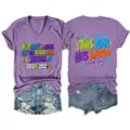 Detail view of purple v-neck short sleeve t-shirt featuring fun school year graphic prints. - S / Tops / Purple