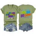 Casual women's V-neck short sleeve graphic t-shirt with funny school year slogan green. - S / Tops / Olive Green