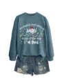 Women christmas letter print long sleeve sweatshirt and denim shorts outfit casual fall wear. - S / White Print Style (Top) / Blue