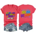 Women's V-neck short sleeve graphic tee featuring 2026 school year funny text print design. - S / Tops / Red