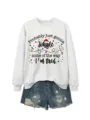 Women's casual long sleeve crewneck sweatshirt paired with stylish distressed denim shorts. - S / Top - Black Christmas Print (5801) / Off-White