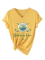 Femme vintage golf graphique col v manches courtes t-shirt jaune decontracté noué - S / Hauts / Jaune
