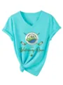 T-shirt femme turquoise à col V et manches courtes avec détail imprimé golf sur la poitrine. - S / Hauts / Bleu Eau Profonde
