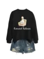 Casual long sleeve black sweatshirt with cute duck graphic and denim shorts set for women. - S / Tops / Black