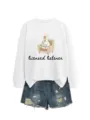 Casual white crewneck sweatshirt with cute duck graphic and distressed denim shorts. - S / Tops / White Sweatshirt (Black Text Pattern)