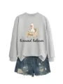 Casual cute duck graphic print grey sweatshirt paired with distressed denim shorts for daily women. - S / Tops / Pink Sweatshirt (Black Text Pattern)