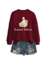 Women's cute duck graphic maroon sweatshirt paired with ripped blue denim shorts set. - S / Tops / Burgundy
