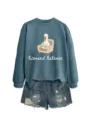 Casual fashion cute women's duck graphic print sweatshirt with ripped denim shorts set. - S / Top (White Text Color Graphic) / Blue